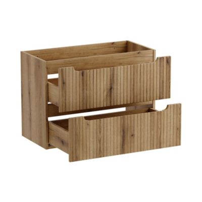 Ensemble VANO chene clair 120cm : meubles sous vasque à tiroirs avec niches visibles et plan pour vasque et vasque à poser ovale