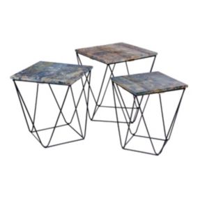 ERLING - Lot de 3 Tables Basses Acier et Effet Marbre Bleu