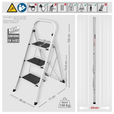 Escabeau 3 Marches pliant  antidérapant Acier Max 150kg (46x71x105cm) MSV