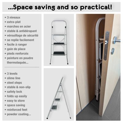 Escabeau 3 Marches pliant  antidérapant Acier Max 150kg (46x71x105cm) MSV