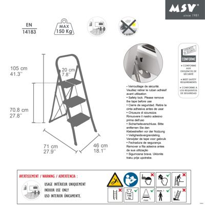 Escabeau 3 Marches pliant  antidérapant Acier Max 150kg (46x71x105cm) MSV
