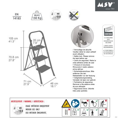 Escabeau 3 Marches pliant en Acier Max 150kg (46x71x105cm) MSV