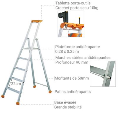 Escabeau 5 marches - Hauteur de travail max. 3,10m - 2370005