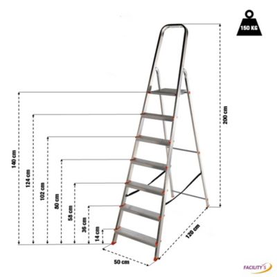 Escabeau 7 marches aluminium - Charge 150 kg - Hauteur 3.46m