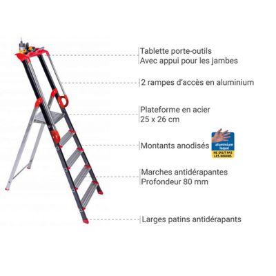 Escabeau alu 5 marches - Hauteur de travail max. 2.99m - 239205