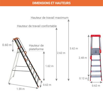 Escabeau alu 8 marches - Hauteur de travail max. 3.62m - 239208
