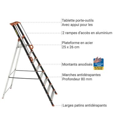 Escabeau alu 8 marches - Hauteur de travail max. 3.62m - 239208