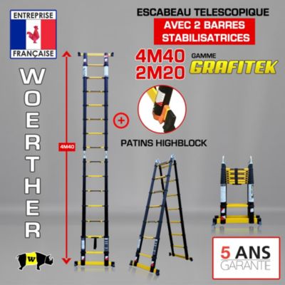 Escabeau-échelle télescopique Woerther 4m40/2m20 avec double barres stabilisatrices + Patins Highblock