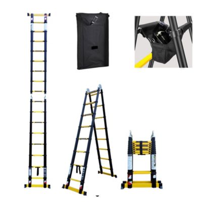 Escabeau-échelle télescopique Woerther 5m/2m50 avec double barres stabilisatrices + Housse + Sac porte-outils