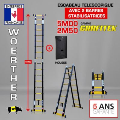 Escabeau-échelle télescopique Woerther 5m/2m50 avec double barres stabilisatrices + Housse