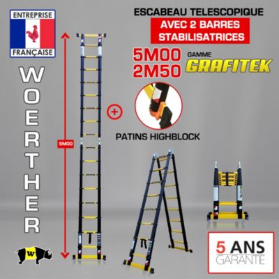 Escabeau-échelle télescopique Woerther 5m/2m50 avec double barres stabilisatrices + Patins Highblock