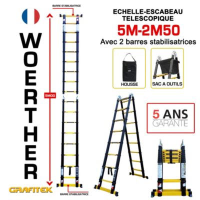 Escabeau-échelle télescopique Woerther 5m/2m50 avec double barres stabilisatrices plus housse et sac porte outils