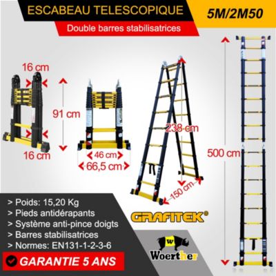 Escabeau-échelle télescopique Woerther 5m/2m50 avec double barres stabilisatrices plus housse et sac porte outils