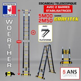 Escabeau-échelle télescopique Woerther 5m/2m50 avec double barres stabilisatrices plus plateforme