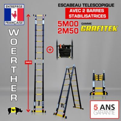 Escabeau-échelle télescopique Woerther 5m/2m50 avec double barres stabilisatrices plus sac porte outils