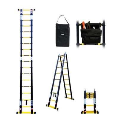 Escabeau-échelle télescopique Woerther 5m60/2m80 avec double barres stabilisatrices + housse + Sac porte-outils