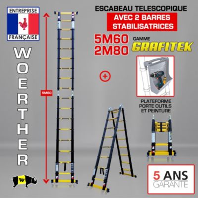 Escabeau-échelle télescopique Woerther 5m60/2m80 avec double barres stabilisatrices + Plateforme KOMBIK