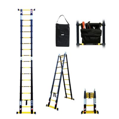 Escabeau-échelle télescopique Woerther 5m60/2m80 avec double barres stabilisatrices plus housse et sac porte outils