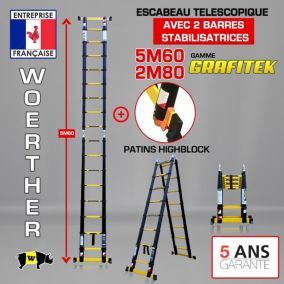 Escabeau-échelle télescopique Woerther 5m60/2m80 avec double barres stabilisatrices plus patins Highblock