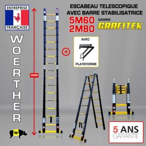 Escabeau-échelle télescopique Woerther 5m60/2m80 avec double barres stabilisatrices plus plateforme