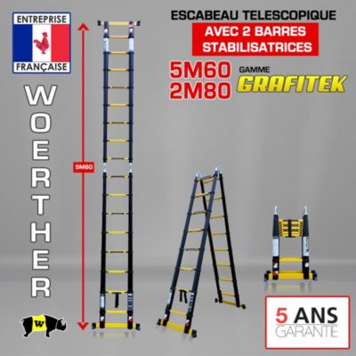 Escabeau-échelle télescopique Woerther 5m60/2m80 avec double barres stabilisatrices