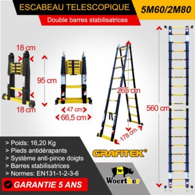 Escabeau-échelle télescopique Woerther 5m60/2m80 avec double barres stabilisatrices