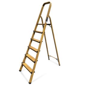 Escabeau Élégance Domestique 6 Marches - Hauteur d'accès au travail 3,20M, Marchepied, Fabriqué En Aluminium Finition bois (Chêne)