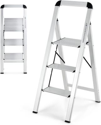 Escabeau Pliable à 3 Marches avec Cadre en Aluminium Robuste et Léger Échelle Pliante Domestique avec Marches