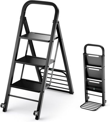 Escabeau Pliable à 3 Marches Chariot Echelle 2 en 1 avec 2 Roues en Caoutchouc Chariot Utilitaire en Fer Noir
