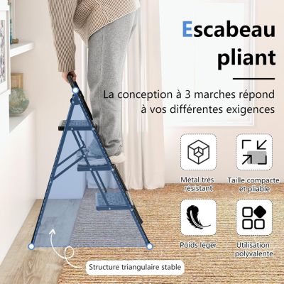 Escabeau Pliable à 3 Marches pour Adultes, Léger , Escabeau Portable pour Maison et Bureau, Noir