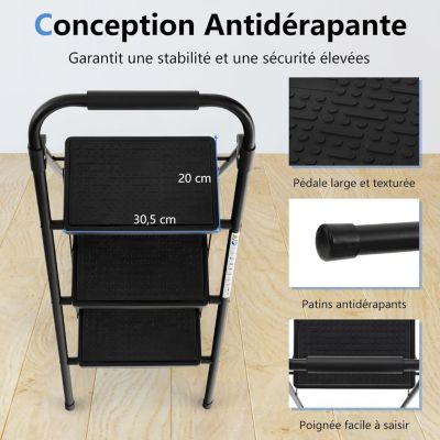 Escabeau Pliable à 3 Marches pour Adultes, Léger , Escabeau Portable pour Maison et Bureau, Noir