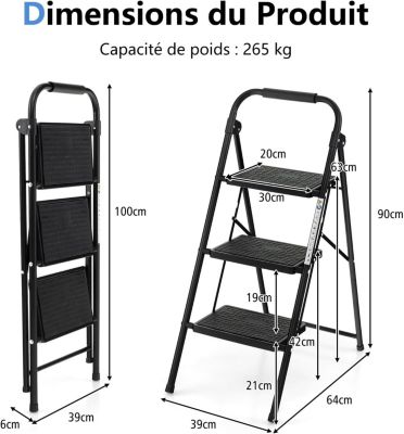 Escabeau Pliable à 3 Marches pour Adultes, Léger , Escabeau Portable pour Maison et Bureau, Noir