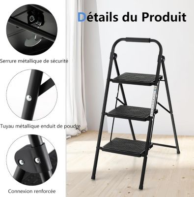 Escabeau Pliable à 3 Marches pour Adultes, Léger , Escabeau Portable pour Maison et Bureau, Noir