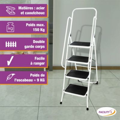 Escabeau pliable 4 marches antidérapantes avec double garde-corps - Hauteur max de travail 0,98 m - Charge 150 kg - FACILITYS