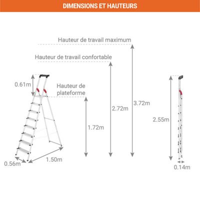 Escabeau pro 8 marches - Hauteur max. de travail 3.72m - Grandes marches XXL - 8818-001