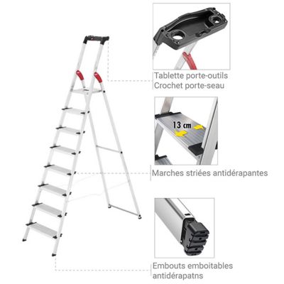 Escabeau pro 8 marches - Hauteur max. de travail 3.72m - Grandes marches XXL - 8818-001