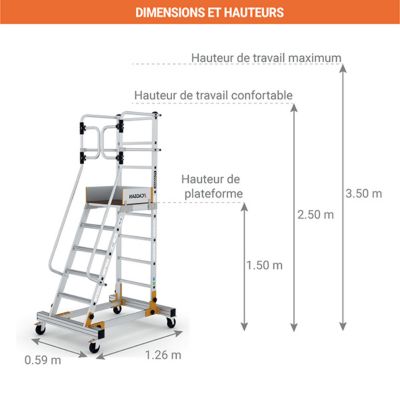 Escabeau roulant 6 marches - Hauteur max. de travail 3.50m - Portillon saloon - RD0012-1.5