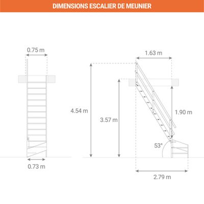Escalier de meunier 16 marches - Quart tournant à gauche avec double main courante - Hauteur à franchir 3,57m max - MSS-MSW-L/2MC