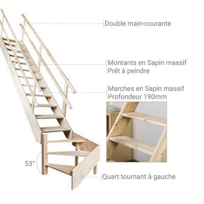 Escalier de meunier 16 marches - Quart tournant à gauche avec double main courante - Hauteur à franchir 3,57m max - MSS-MSW-L/2MC