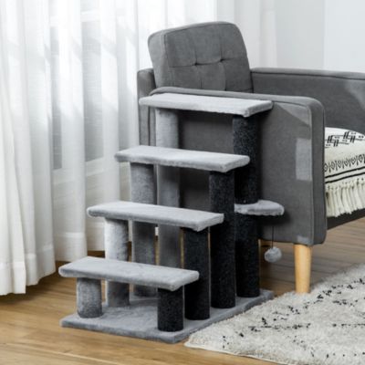 Escalier griffoir pour chat 64 cm gris avec 4 marches, plateforme et balle