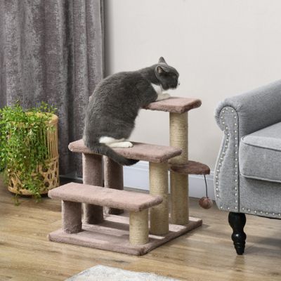 Escalier griffoir pour chat en bois marron 3 marches avec balle de jeu