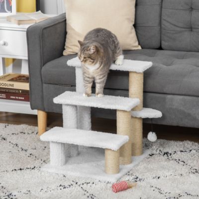 Escalier pour animaux 3 marches blanc en bois avec griffoir en jute