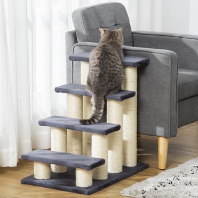 Escalier pour animaux 4 marches en panneau de particules gris, revêtement peluche