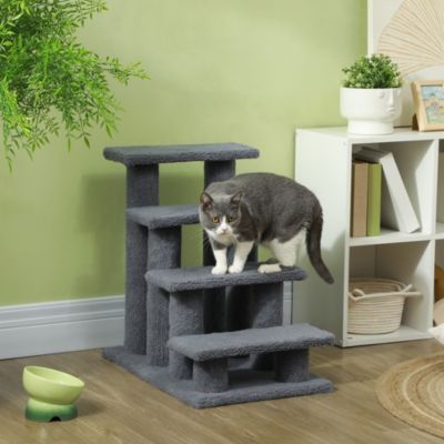 Escalier pour animaux 4 marches gris en panneaux de particules avec revêtement peluche