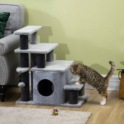 Escalier pour chat modulable en panneau de particules gris avec niche