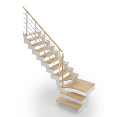 Escalier quart tournant 13 marches - Hauteur à franchir de 2.45 à 3.08m - Largeur 85 cm - Bois et blanc - Rampe horizontale -