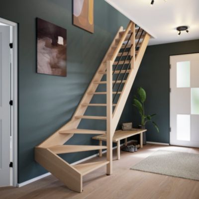 Escalier quart tournant droit Fortia hêtre coloris naturel 13 marches Siderno sans contremarches