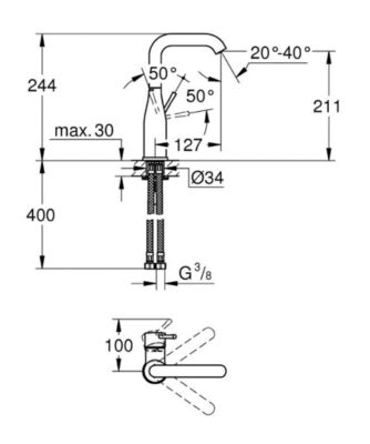 Essence Mitigeur monocommande pour lavabo, Taille L, cartouche en céramique, Chrome (23541001)