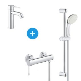 Essence Set mitigeur de douche + Barre de douche avec douchette 2 jets + Mitigeur lavabo, Chrome (23590001 & 33636001)