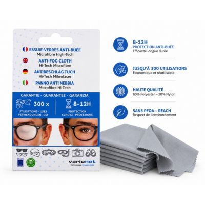 Essuie-verres anti buée 15 X 18 cm Efficace 12h et 300 Utilisations x 5 Varionet